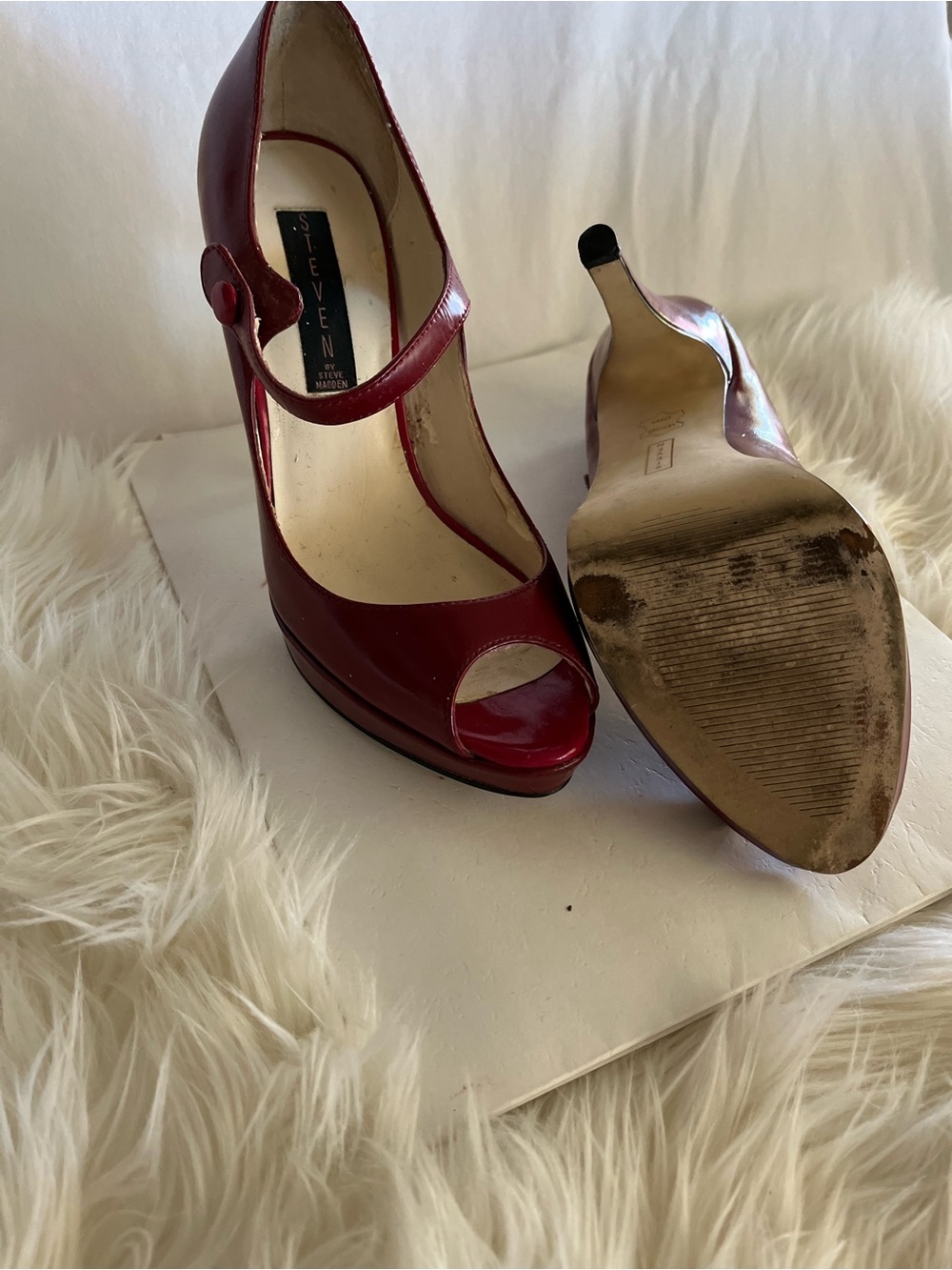 Steve Madden Burgundy Patent Peep-Toe Mary Jane Heels